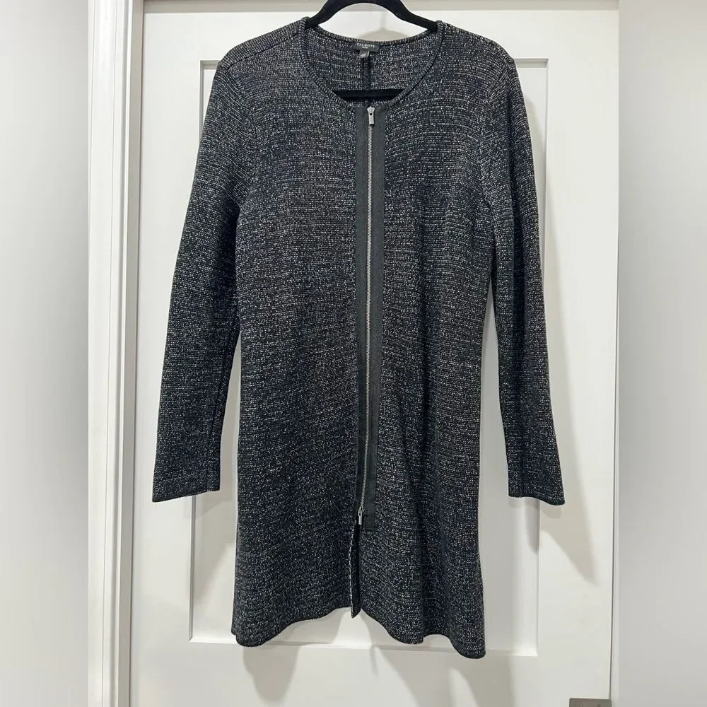 Talbots Petite Large Heathered Black White‎ Knit Full-Zip Cardigan Jacket